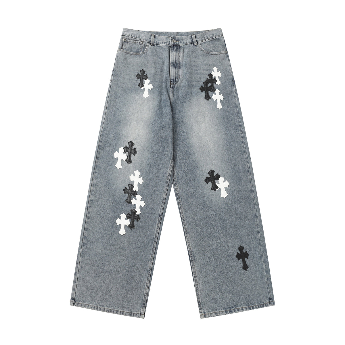 Chrome Hearts White & black Leather Cross Patches Jeans