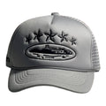 Corteiz Vintage Grey Trucker Hat with Black Stars and Cruise Ship Graphic