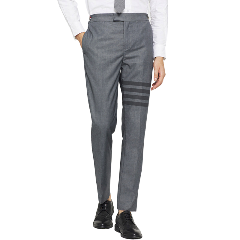 Thom Browne Style Men's Tailored Suit Pants with Signature Four-Bar Detail