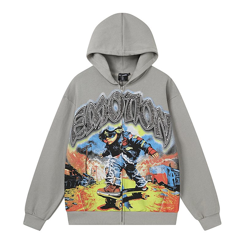 MIXED EMOTION Skateboard Graphic Zip Hoodie - Gray