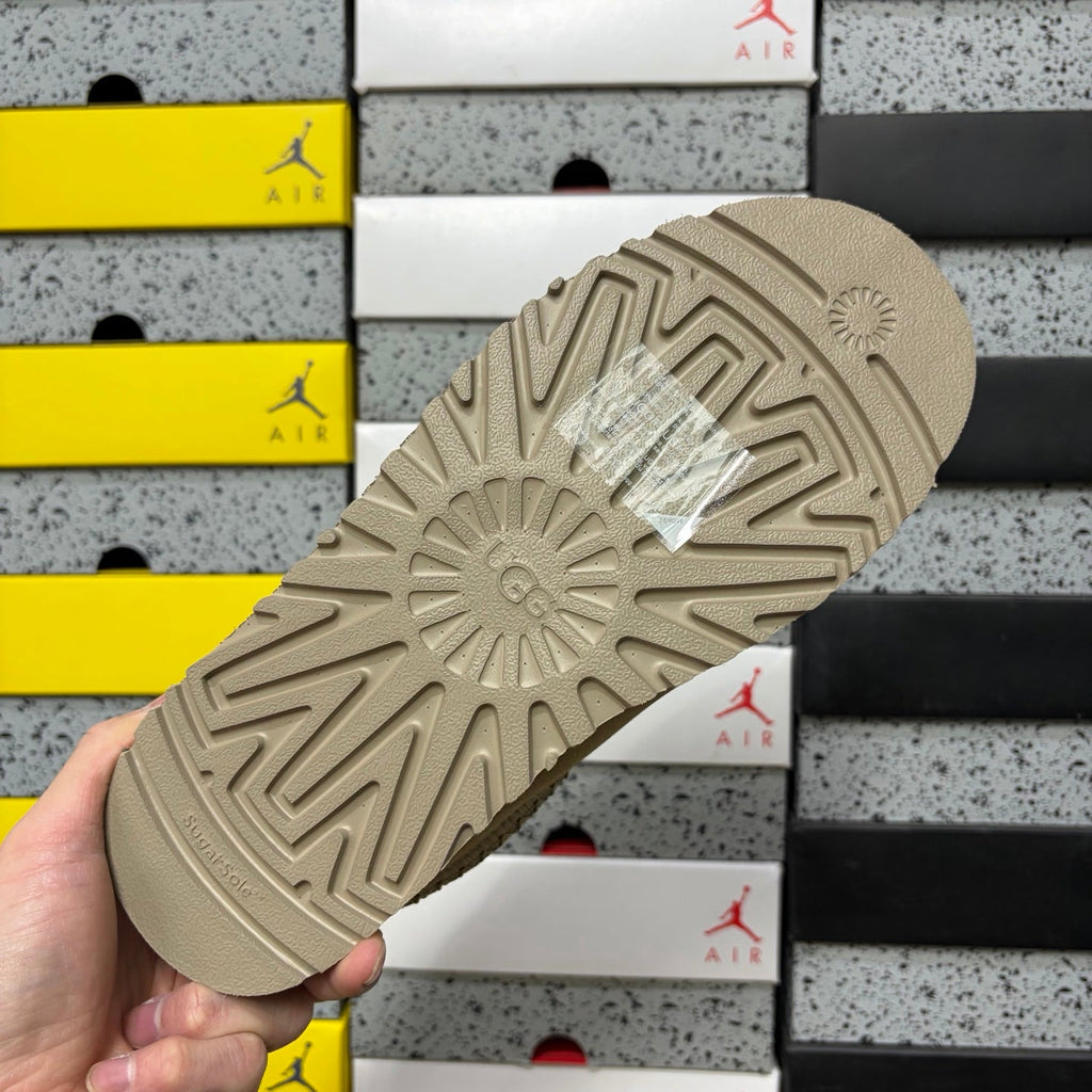 UGG Tazz Platform Slipper – Suede Mule with Shearling Lining, Metallic Braided Collar Trim & Chunky Sugar Sole Platform in Sand