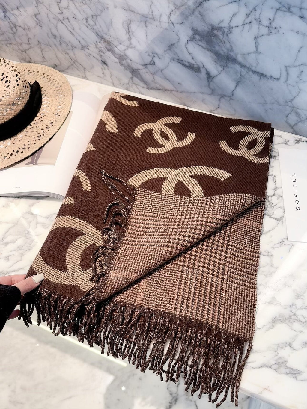 Chanel Style Oversized Logo Check Fringe Scarf
