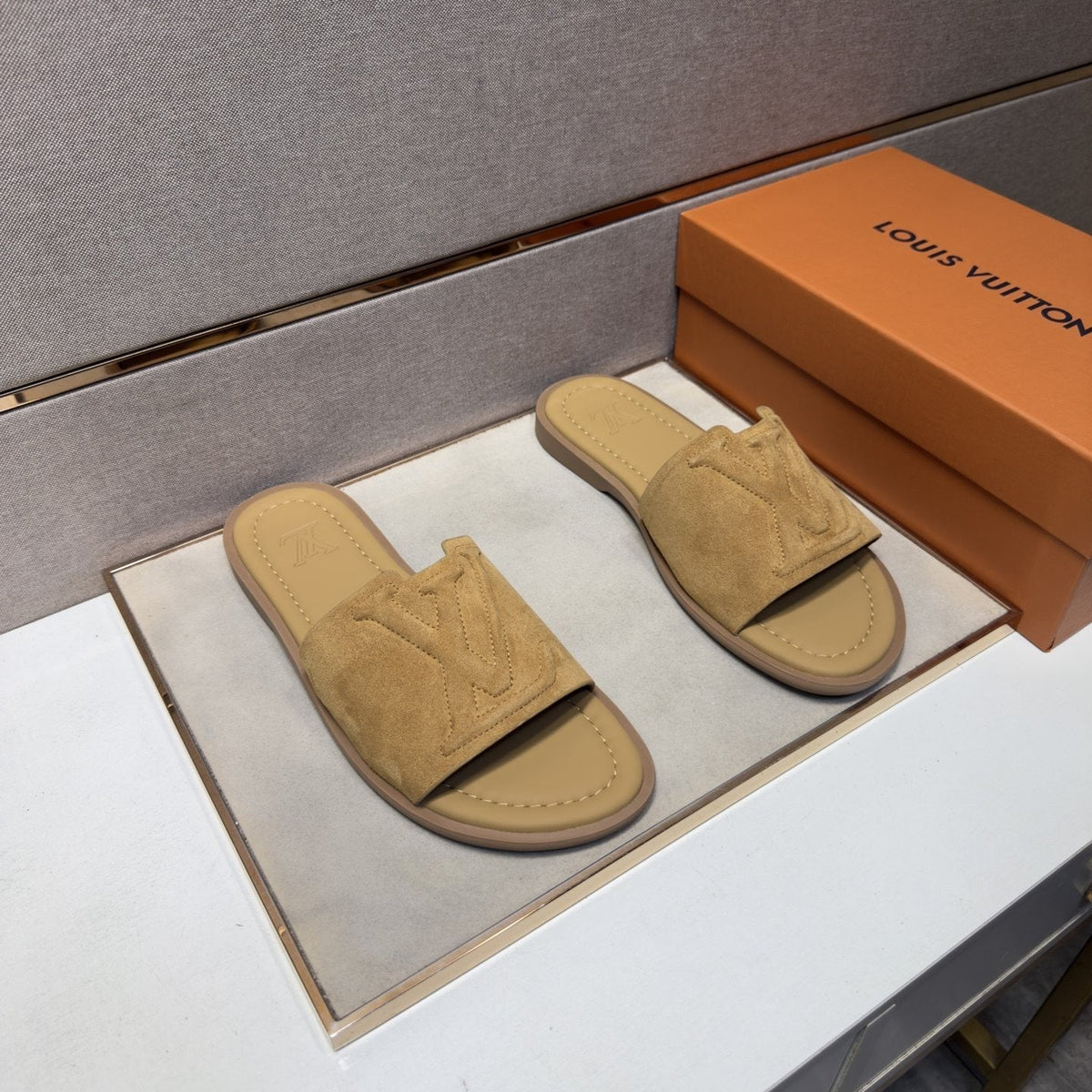 Louis Vuitton Men's Tan Monogram Slide Sandals