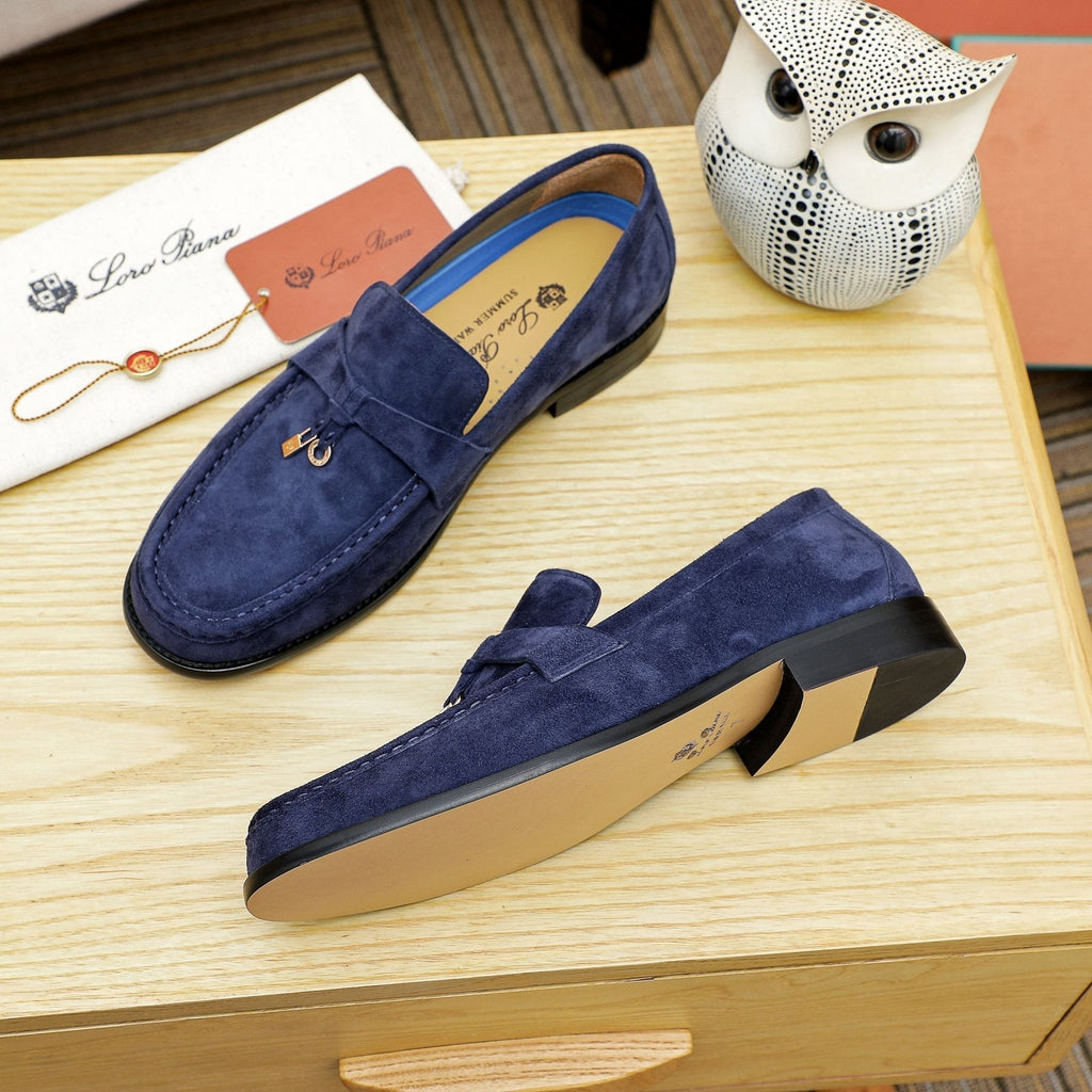 Loro Piana Navy Blue Metal-Bar Loafers